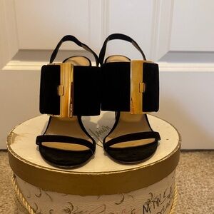 Sergio Rossi black suede w/ gold buckle sandal heels